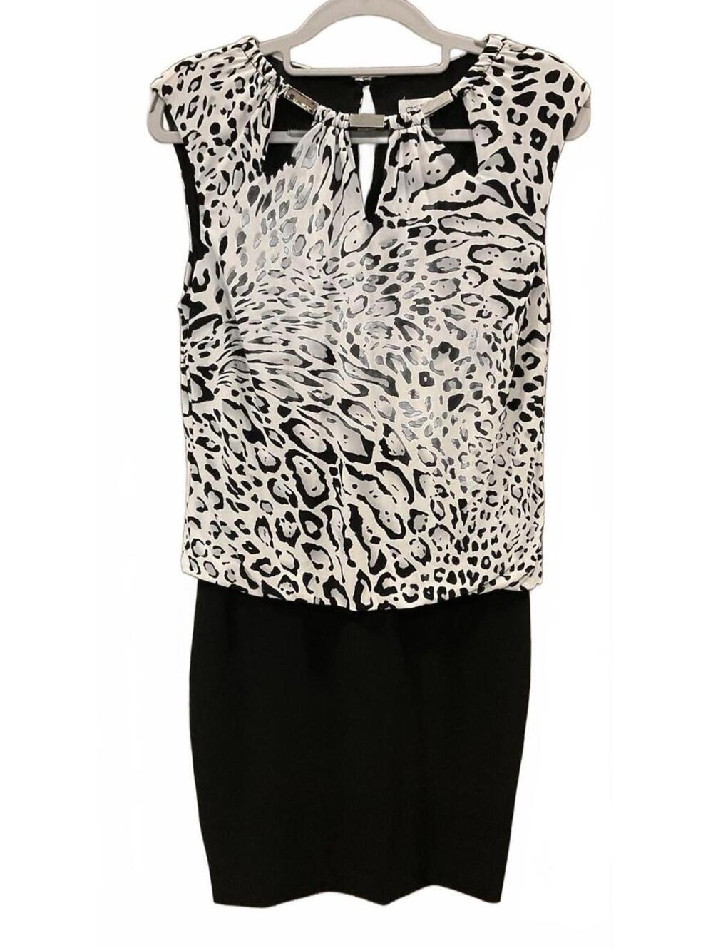 Cache Sleeveless Animal Print Dress W/ Black Bottom Metal Decor On Neck Size S